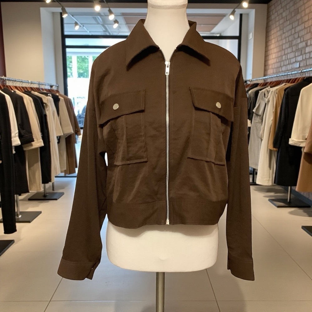 Basemark Brown Cropped Zip-Up Jacket with Front Pockets – Size M